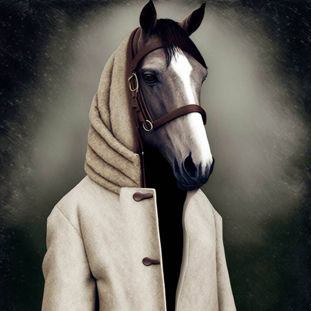 Нейросеть изобразила фразу: Конь в пальто