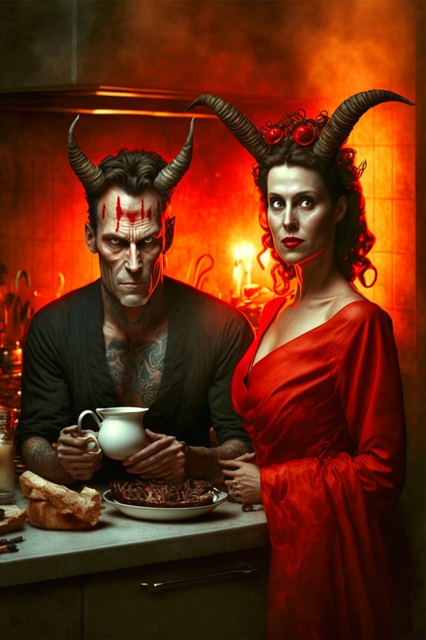 Нейросеть изобразила фразу:  Муж и жена - одна сатана
